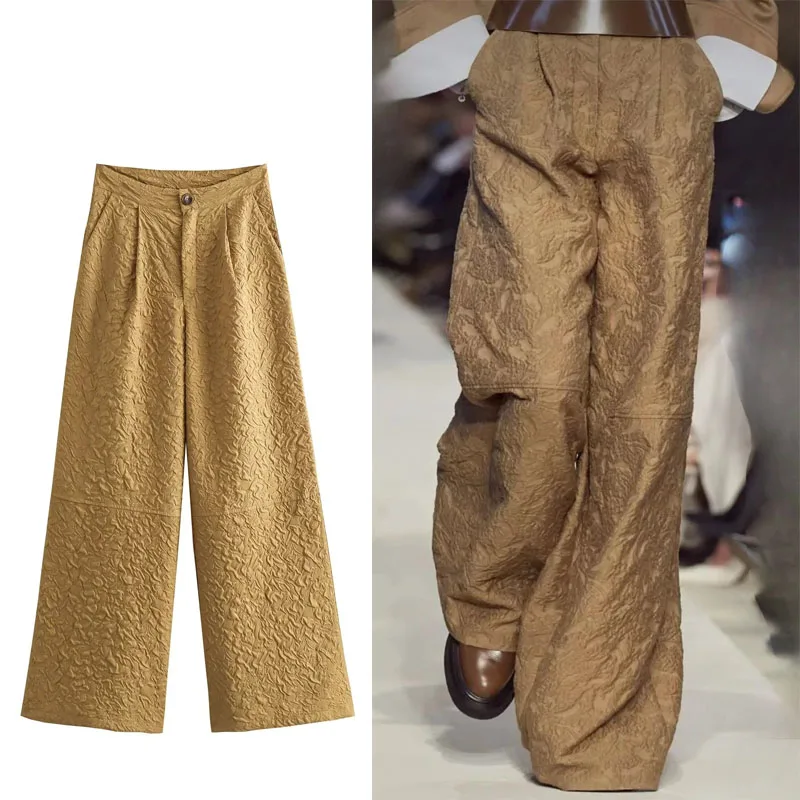 

TRAF Women Khaki Texture Pants 2023 Autumn High Waist Pants Wide Leg Pants Elegant Fashion Zip Pocket Pleated Casual Trousers