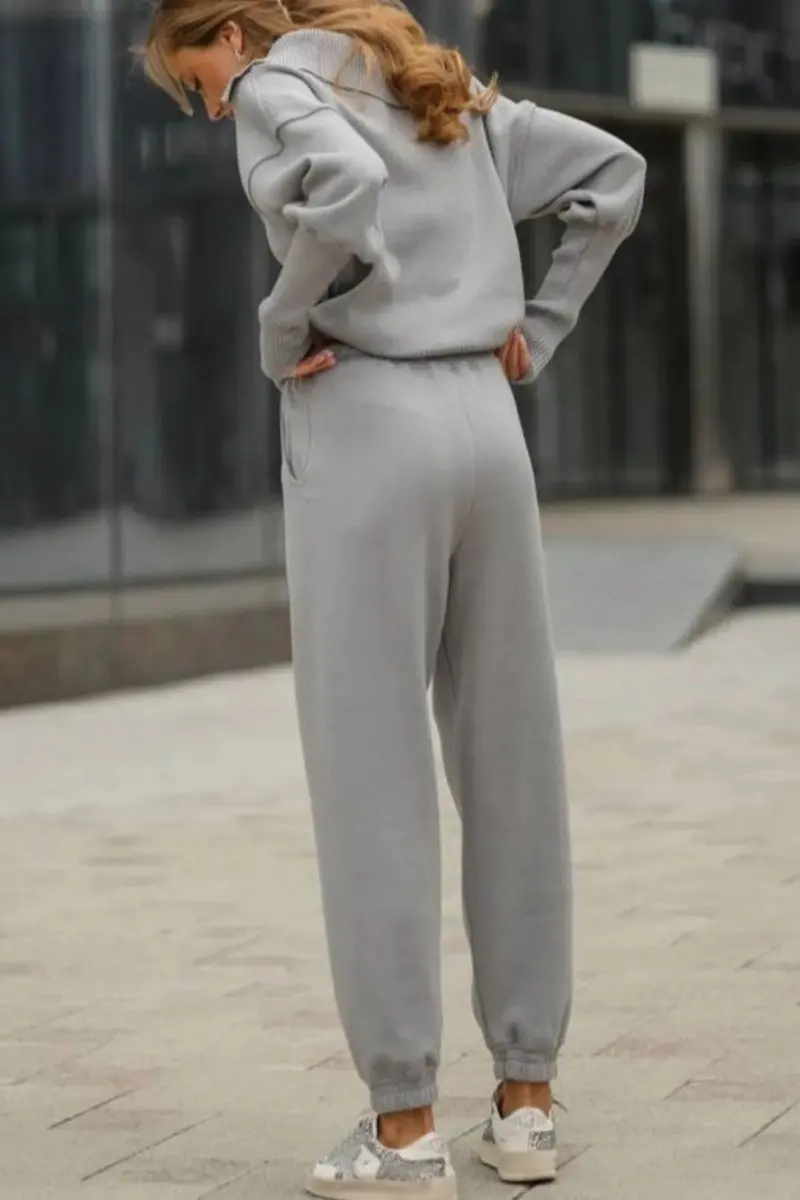 Description Picture 6 of itemFashion Knitted Splicing 2 Piece Spring New Women's Suit Casual Lapel Zipper Lantern Sleeve Pullover Top Lace Up Long Pants Set