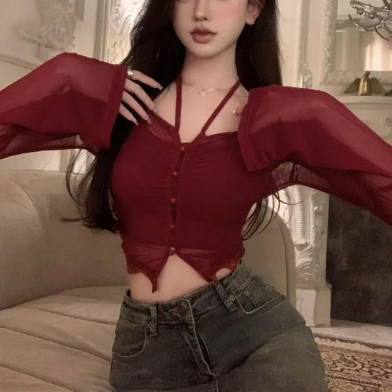 여성용 행잉 넥 얇은 자외선 차단 셔츠, 섹시한 매끈한 소녀 짧은 가디건 탑, 단색 슬림 긴팔 셔츠