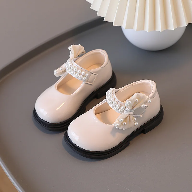 

Children Flat Single Shoes Children Pearl Princess Shoes Students Non-slip Kid's Bow Patent Leather Leisure Shoes H647