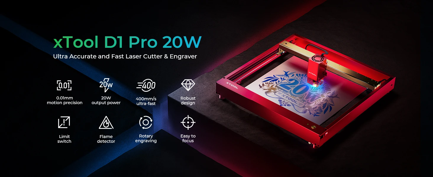  xTool D1 Pro 20W Laser Engraver, 120W Laser Cutter and High  Accuracy Laser Engraving Machine for Personalized Gifts, Business Cards,  CNC Machine for DIY Wood, Metal, Acrylic, Leather, Paper, Glass 