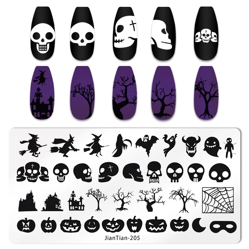 Halloween Nail Art Stamping Plate Drawing Template Pumpkin Heart Wave Line Ghost spider Bat Image Stencil Nail Printing Tools 5