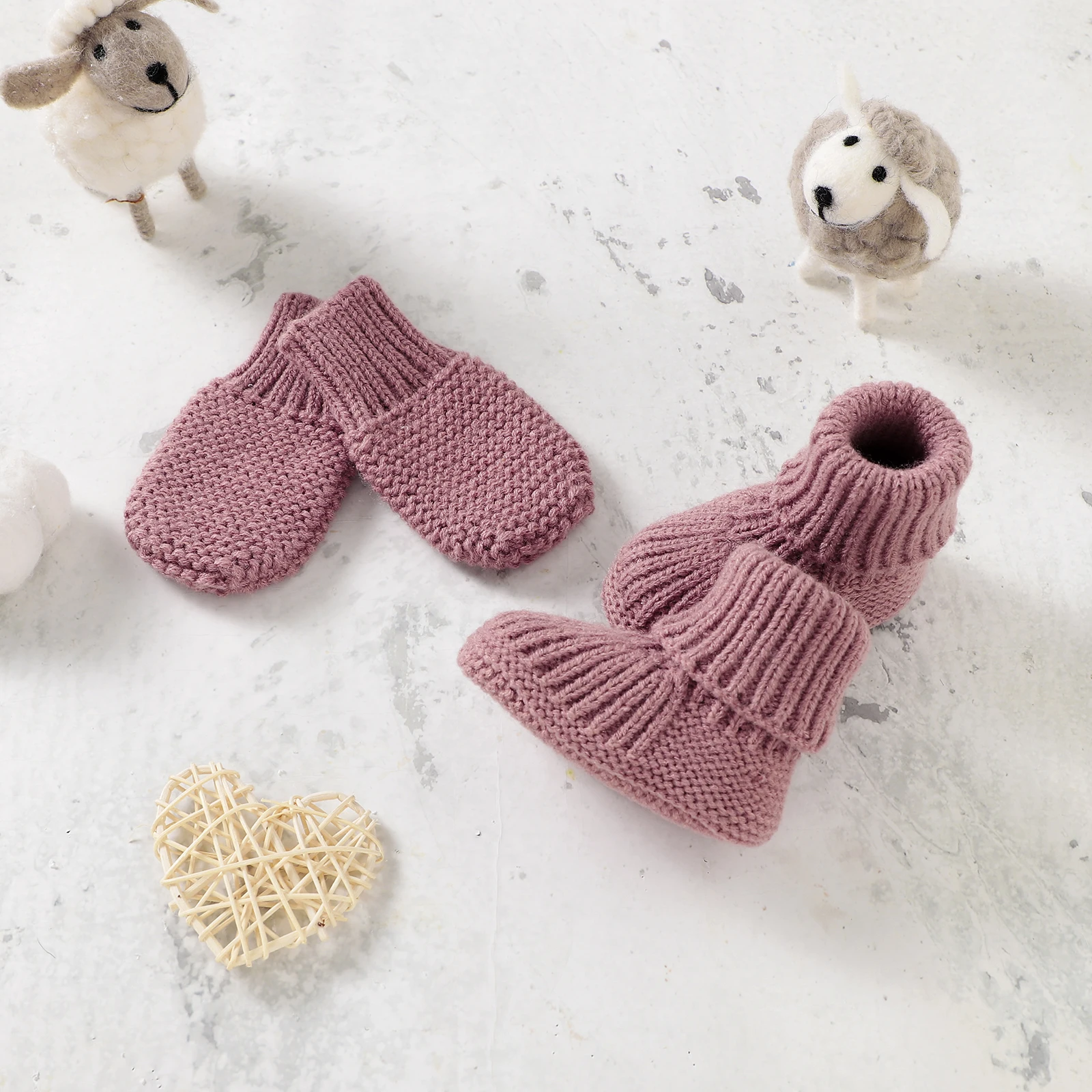Newborn Baby Shoes + Gloves Set Knit Infant Girl Boy Boots Mitten Fashion Solid 2PC Toddler Kid Slip-On Bed Shoes Handmade 0-18M - 3