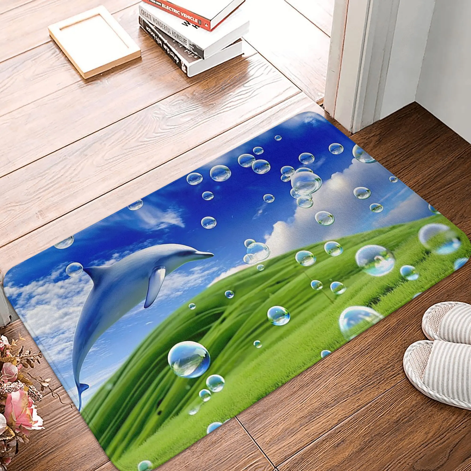 Frutiger Aero Dolphin and Mountains and Sky 미끄럼 방지 도어매트 바닥 매트 주방 입구용 러그 홈 침실 발판 매트
