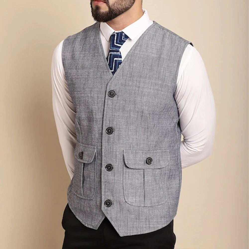 Men's Vest With Pocket Suit Male Casual V-neck Sleeveless Single Breasted Waistcoat Linen Suits Blazer Clothing