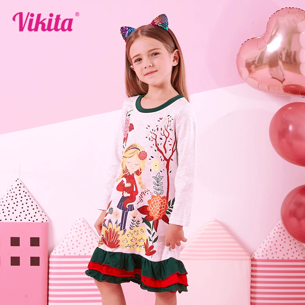 

VIKITA/Полосатое платье для девочек; Милые хлопковые платья с аппликацией для девочек; Детская одежда; Повседневная одежда с длинными рукавами; От 3 до 12 лет