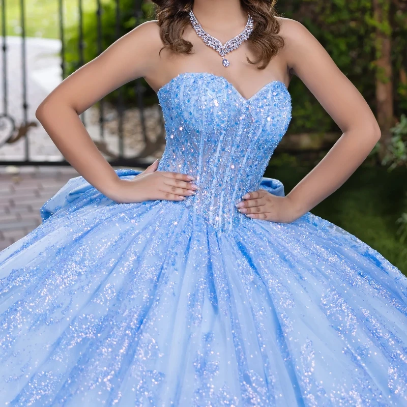 Sky Blue Shiny Ball Gown Quinceanera Dresses Off the Shoulder Sequin Applique Lace Beads Tull Corset Vestidos 15De Anos Sweet 16