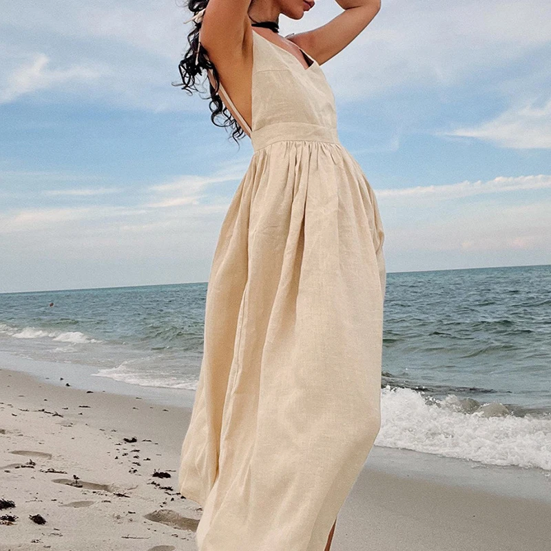 

Sexy Women Cotton Linen Backless Beach Dress Summer Casual Solid Swing Vocation Dress 2024 Female Simple Suspender Long Dress