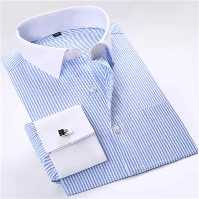 Description Picture 2 of itemMen's Collar French Cuff Dress Shirts Business Contrast  Single Patch Pocket Regular-fit Long Sleeve Social Wedding Party Shirt