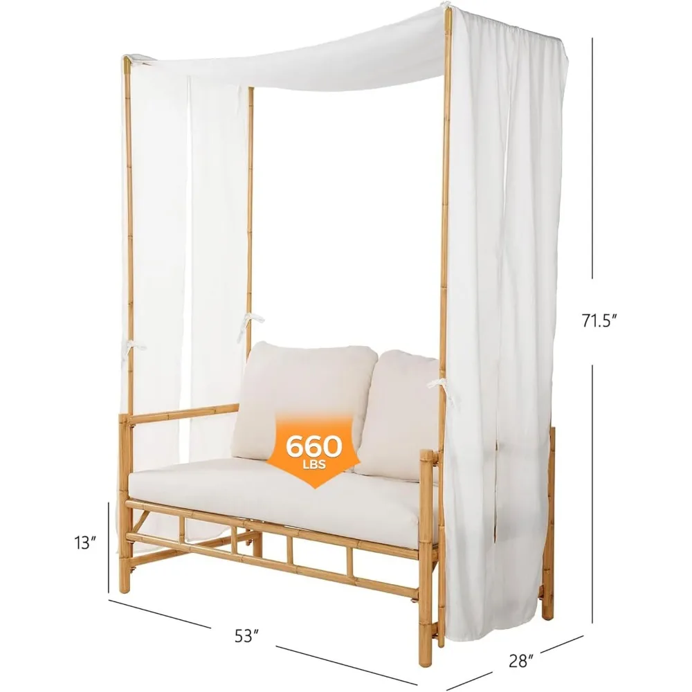 Outdoor Loveseat with Canopy, Metal Patio Loveseat Sofa with Thick Cushion, Tropical-Style Outdoor Furniture Featuri 2