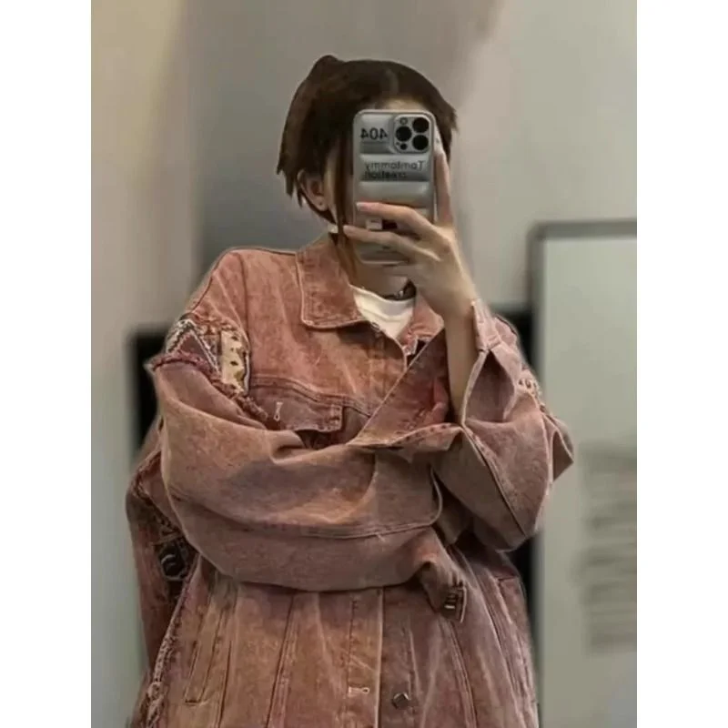 

American Pink Jean Jacket For Men And Women In Spring And Autumn 2023 Loose Design Denim Coat Top