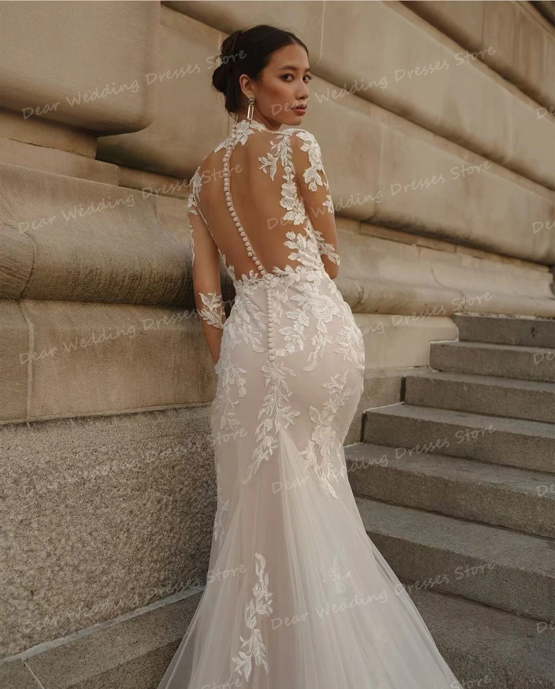 Luxury Mermaid Wedding Dresses Women's Sexy High Neck Appliques Long Sleeve Bridal Gowns Sweep Train Formal Vestidos Customized 4