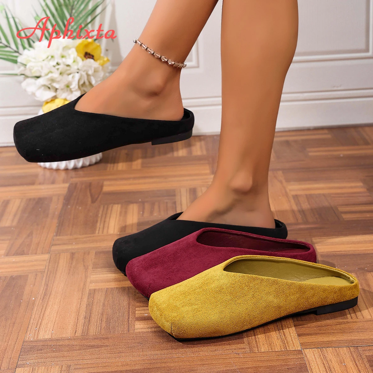 Aphixta 2025 Summer Flat With Slippers Square Toe Slip on Slides Women Sandals Angola Red Concise Mules Shoes Big Size 43 Slides