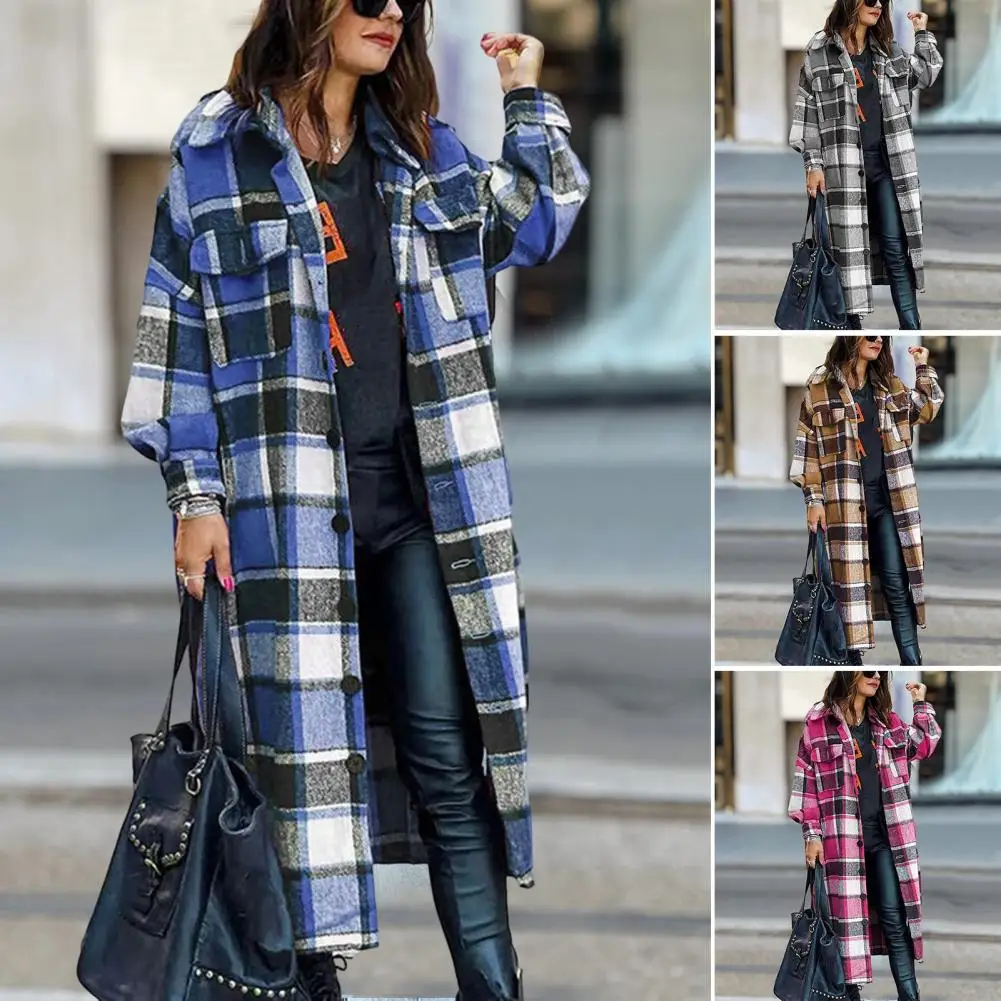 

Single-breasted Placket Coat Plaid Print Women's Jacket with Lapel Mid Length Single-breasted Pockets for Warmth Style Polyester