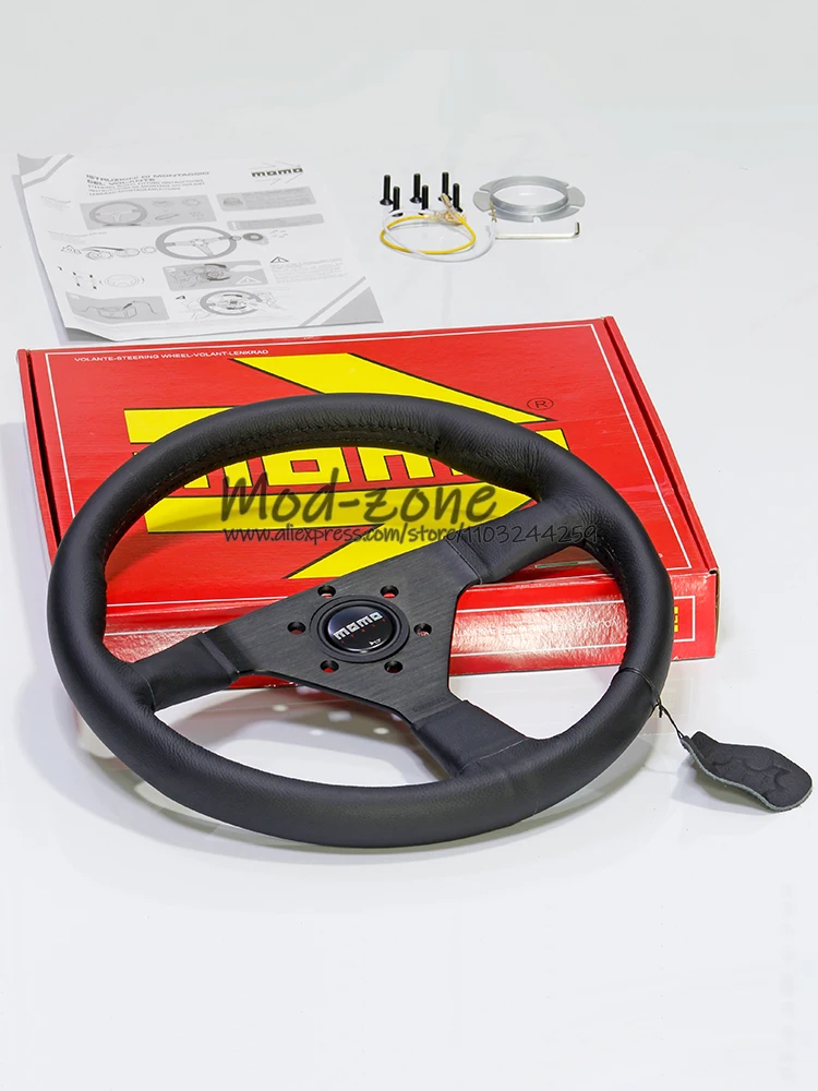 

MOMO MONTECARLO Universal 14 Inch 350MM Genuine Lychee Leather Black Stitch Strong Spoke Racing Steering Wheel