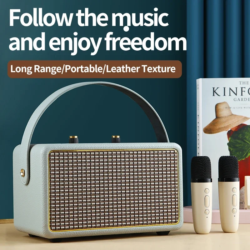 Set Di Altoparlanti Stereo Per La Casa Soundbox Bluetooth Wireless Portatile Con Superficie In Pelle A 2 Microfoni Per Macchina Karaoke Con Sistema Kt