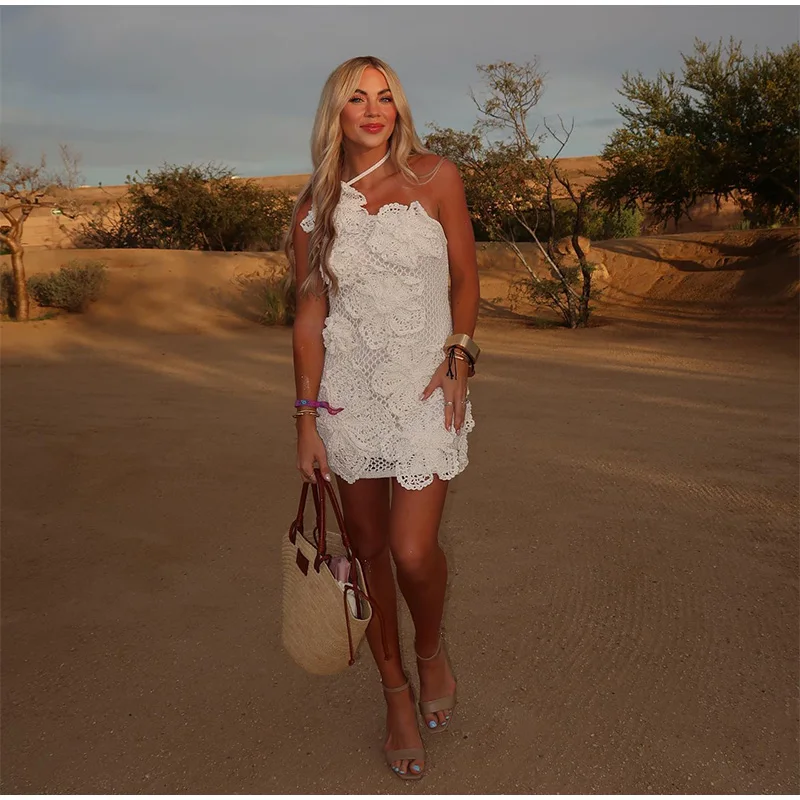 Knit 3d Flower Mini Dress Women Sexy Slim Hollow Out Hip Package Skew-collar Halter Beach Dresses Holiday Party Lady Robe