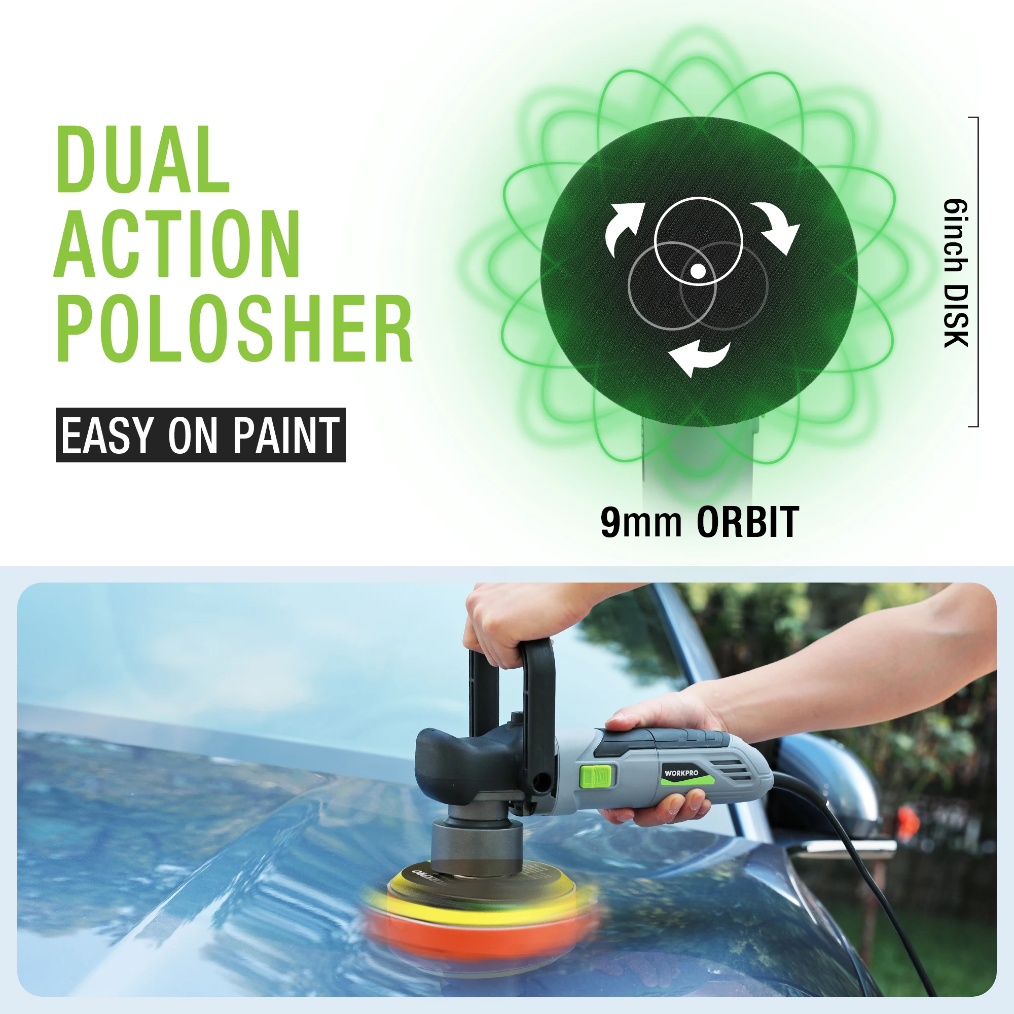 WORKPRO Car Buffer Polisher Kit, 6 Inch 6400RPM Dual Action Polisher with 6 Variable Speeds, 7A Orbital Buffer