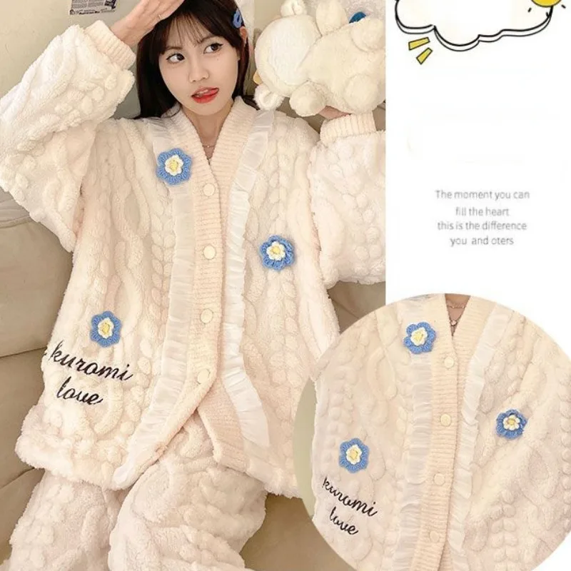 2024 New Pajamas Set Women's Autumn Winter Coral Velvet Nightgowns Thickend Fleece Teens Sweet Cute Student Dorm Loungewear Suit