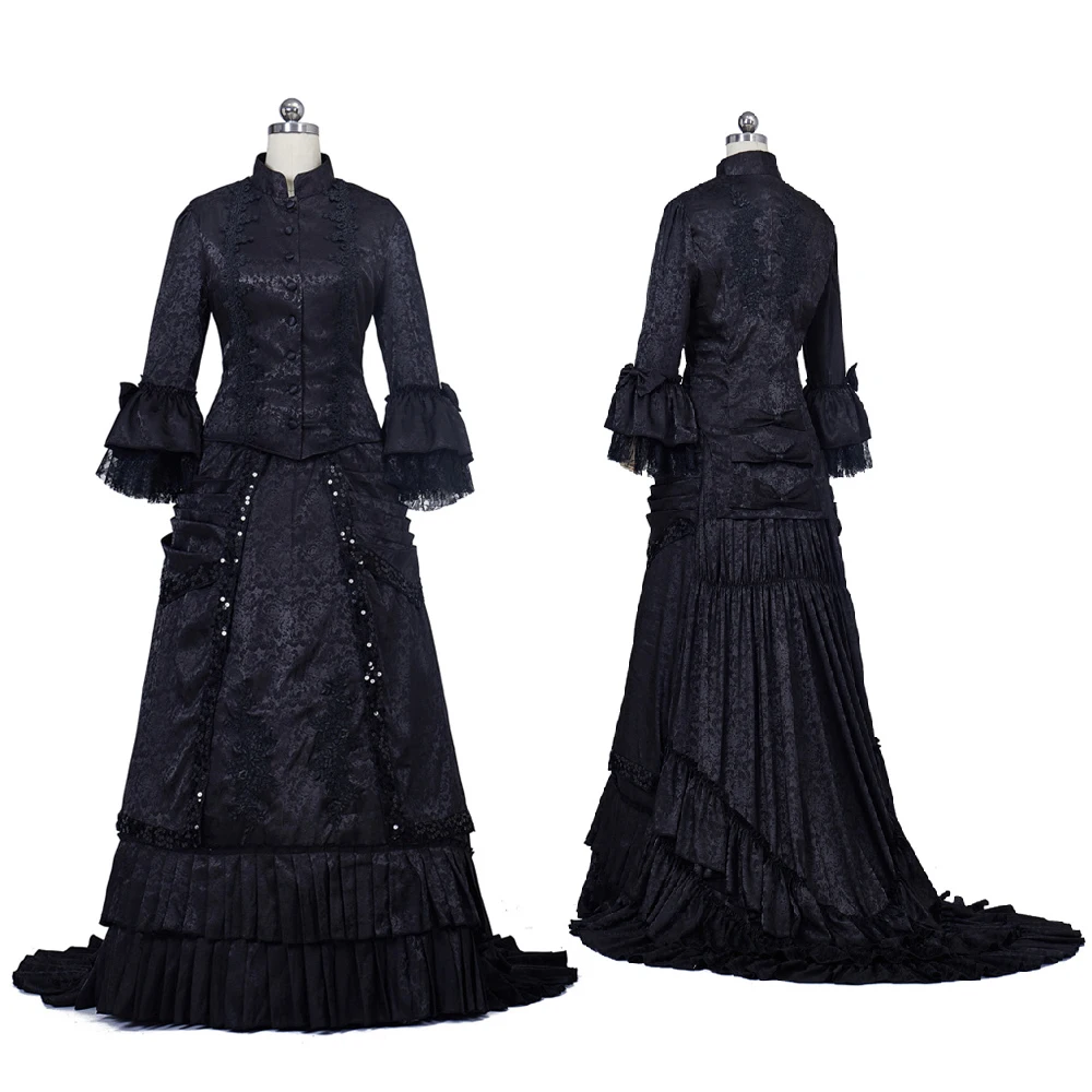 

Victorian Mourning Dress Medieval Black Bustle Top Long Skirt Suits Renaissance Masquerade Ball Gown Halloween Outfits Custom