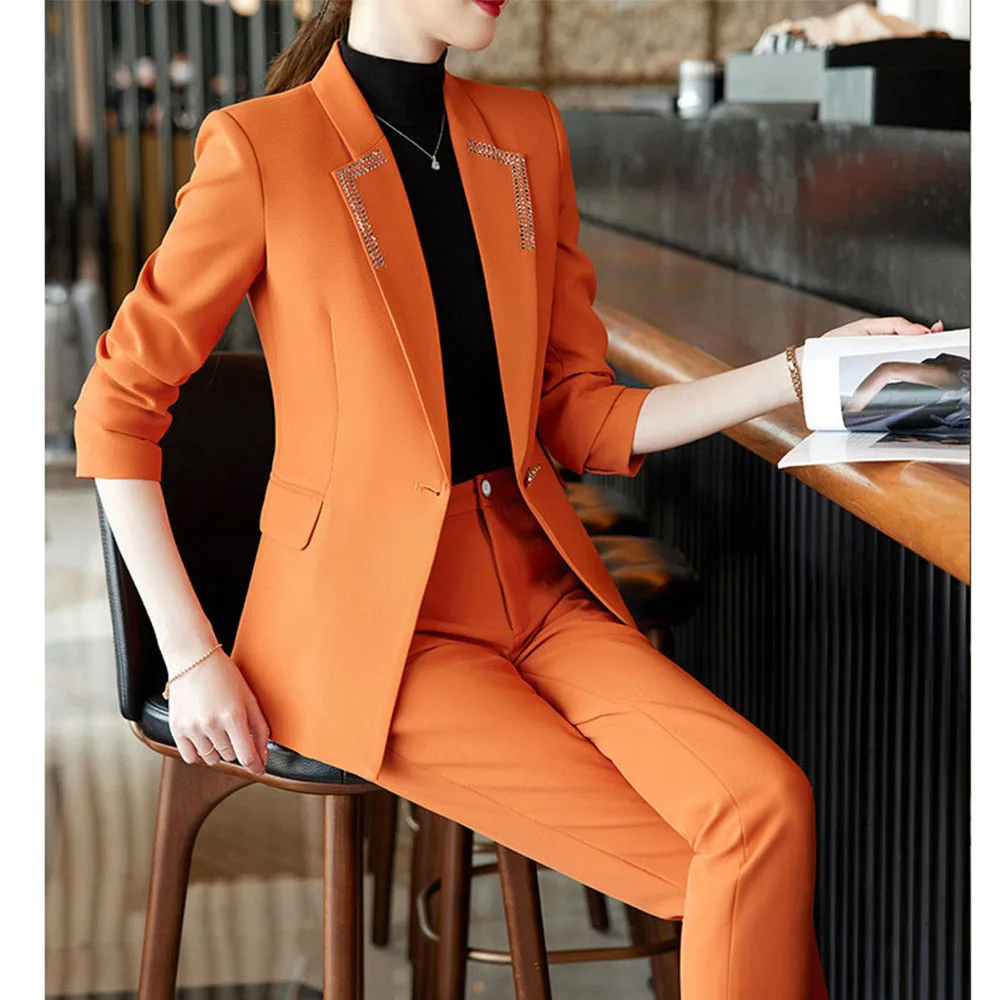 Tesco Senior Women Suit Sets 2 Piece Solid Autumn Full Sleeve Blazer Pencil Pants For Business Female Formal Suit ropa de mujer