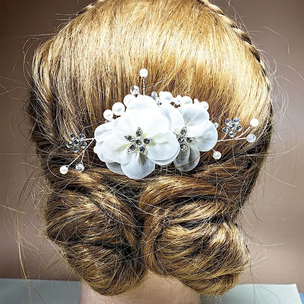 Bridal Flower Wedding Hairpin Crystal Pearl Hairpin Headwear Wedding Hair Jewelry with Rhinestones Bride Bridesmaid Ladies Girl