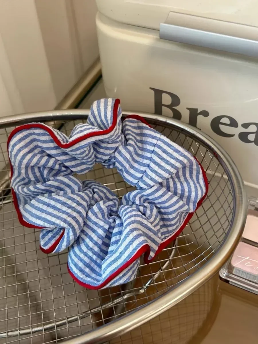 Red Hem Blue Striped Scrunchies Cute Elastic Hair Ties Sweet Fresh Style Hair Bands for Girls Women Fashionable Hair Accessories