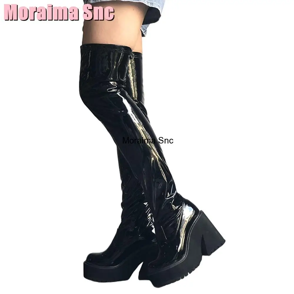 Patent Leather Platform Thigh High Boots Block Chunky Heel Square Toe Slip On Women Long Boots Black Sexy Fashion Nightclub New