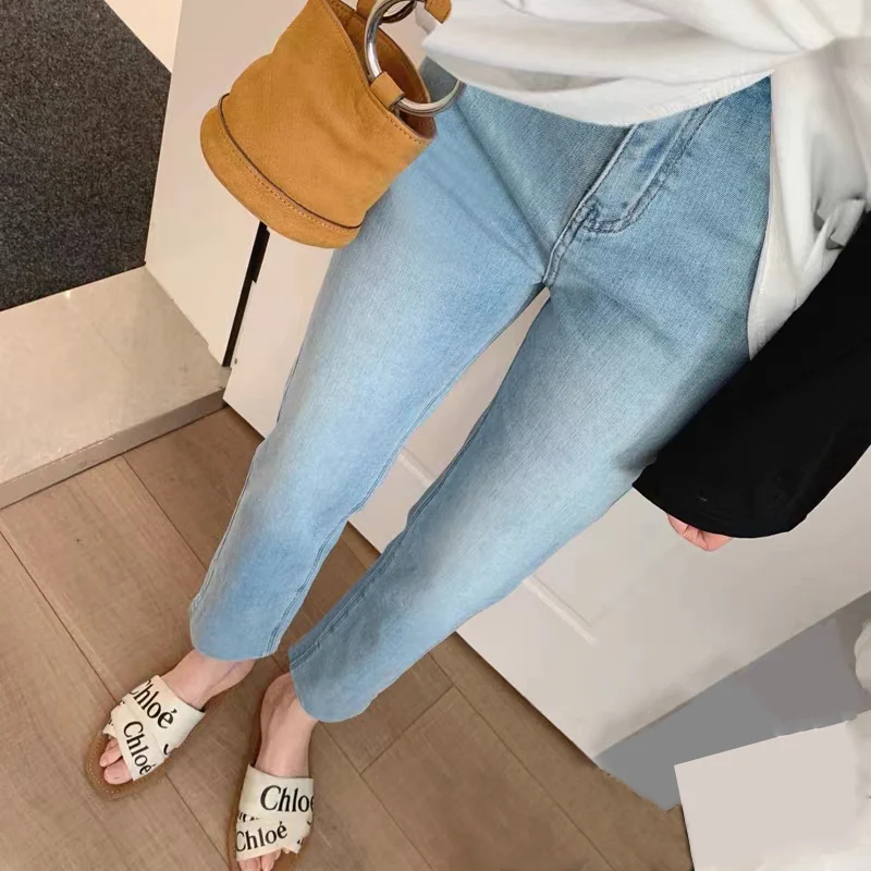 임산부용 얇은 데님 팬츠, 봄 여름 가을 아우터, 연청 스트레이트 레그 캐주얼 발목 기장 청바지