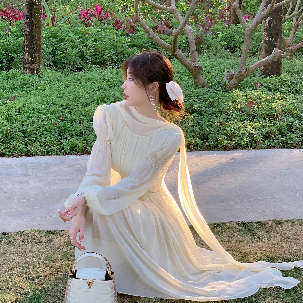 Summer French Chiffon Midi Dresses for Women Elegant Long