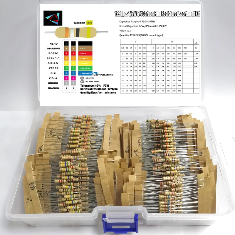 Kit De 1000 Résistances 1/2W - 100 Valeurs De 1Ω à 10MΩ, Film Carbone 5%