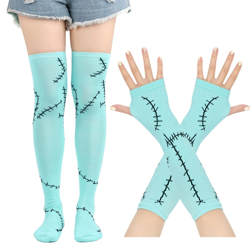 Cosplay Props Movie Sally Cosplay Gloves Socks Zombie Suture Long Fingerless Gloves Elbow Mittens Stockings Set Halloween Costume Prop