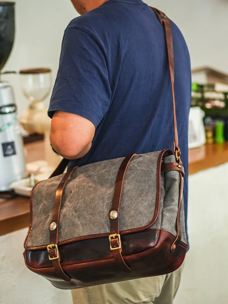 Vintage outdoor work high quality canvas genuine leather messenger bag designer large capacity laptop shoulder crossbody bags