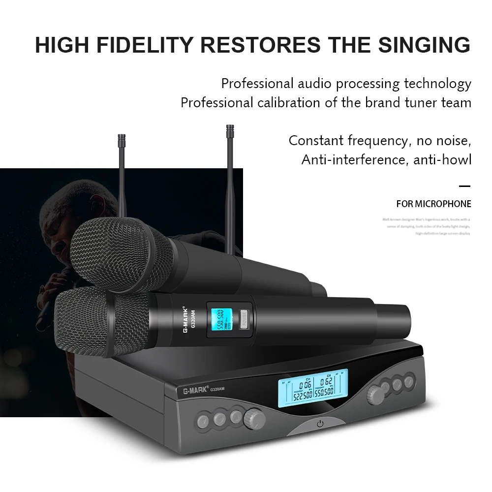 Microphone Wireless G-MARK G320AM Handheld Mic UHF 2 Channels Adjustable Frequency For Karaoke Party Show Church Wedding