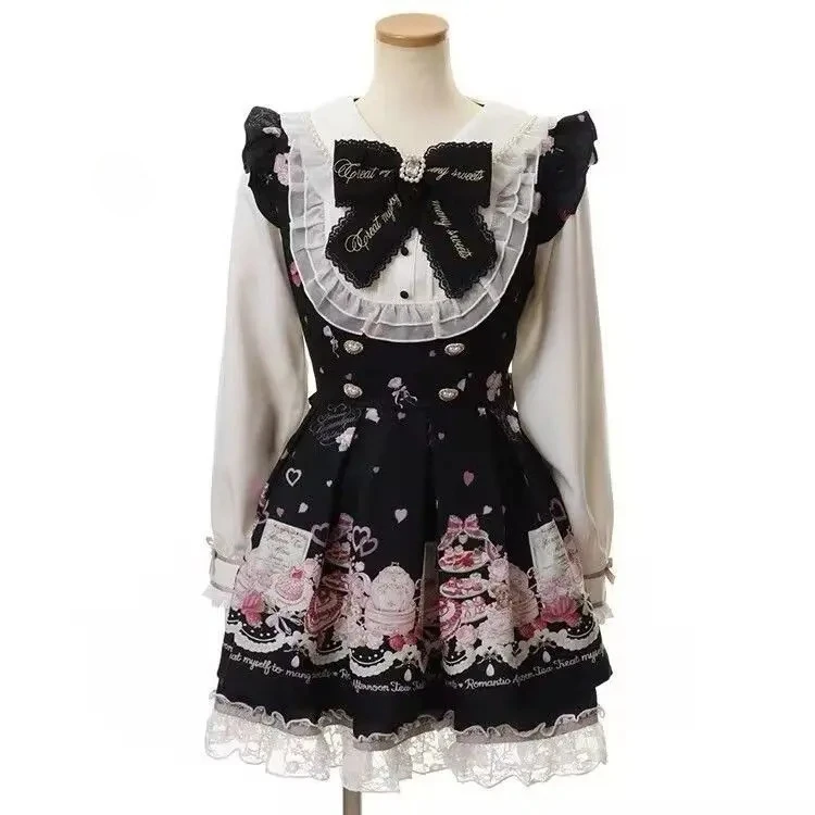 Harajuku Sweet Bow Black Plaid Long Sleeve Kawaii Lolita Dress