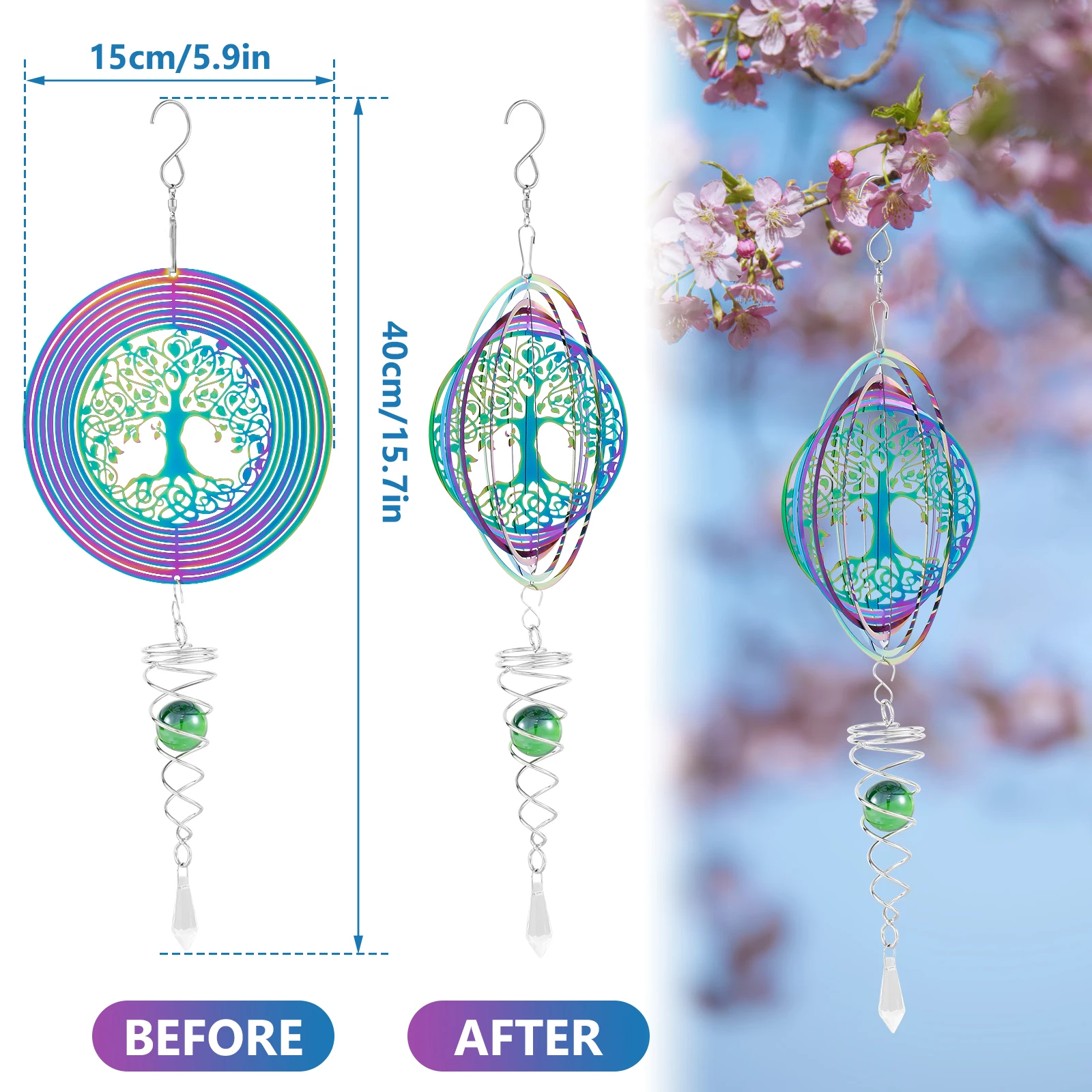 Wind Spinners 3D Stainless Steel Tree of Life Wind Spinner Hanging Spinners with Spiral Tail Outdoor Metal Hanging