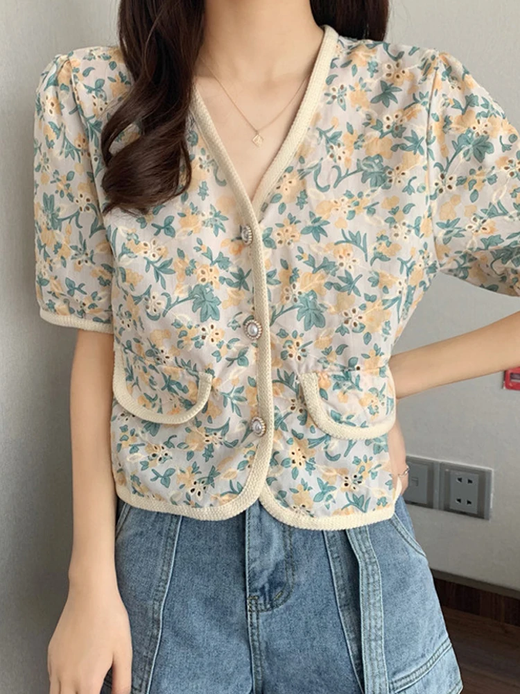 

Женская свободная рубашка с коротким рукавом, Повседневный Кардиган во французском стиле с цветочной вышивкой и V-образным вырезом, футболки на лето