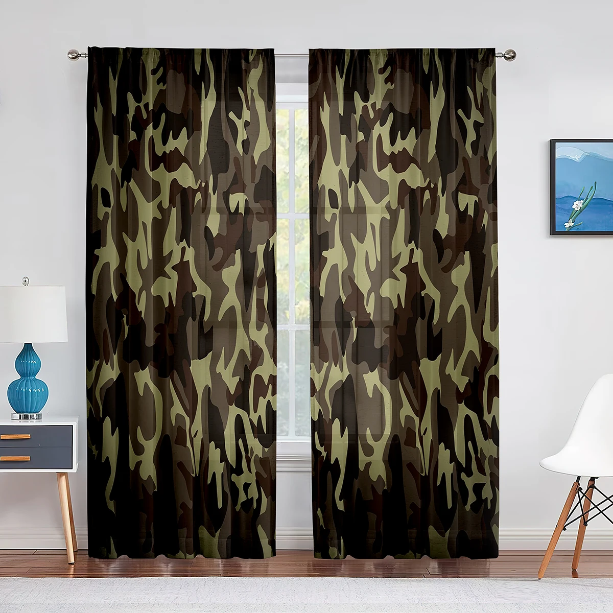 Military Green Camouflage Woodland Camo Brown Tulle Curtains for Living Room Kitchen Bedroom Sheer Voile Curtain Window Drapes 2