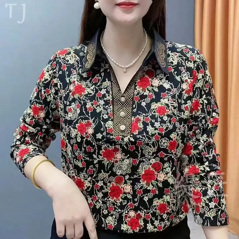 Spring Autumn Fashion Vintage Printed Polo-Neck Blouse Women's Clothing Slim Temperament Long Sleeve Patchwork Shirt for Female