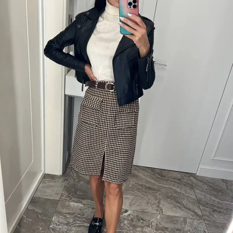 

Шерстяная клетчатая юбка, Женская осенне-зимняя новая стильная юбка средней длины с высокой талией и карманами, юбка в стиле ретро