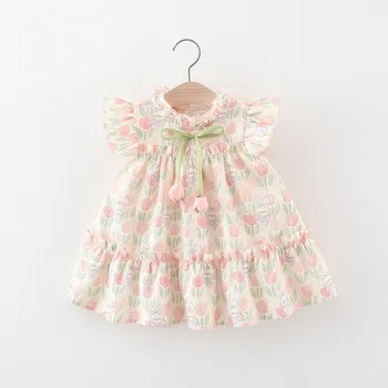 Summer Hardwear Girl Dress Tulip Cartoon Rabbit Print Small Flying Sleeves Flower Neck Bow Ribbon Tulip Flower Pattern