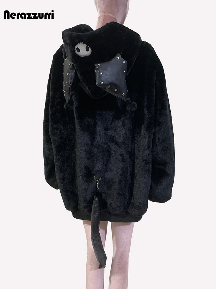 Nerazzurri Winter Cool Thick Warm Soft Black Faux Fur Coat Women