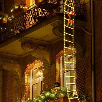 Santa Claus Escalando Escalera 3M USB con Luz Cálida | Decoración Navideña Exterior para Jardín, Hogar y Árbol