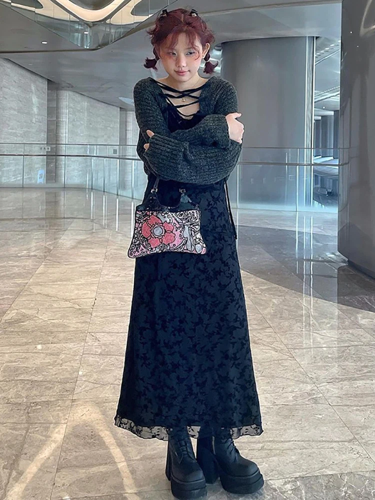 

Floral Print Mesh Mall Gothic Midi Dresses Y2k Dress Fairy Grunge Style Lace Long Dress Women Sling E-girl Party Streetwear
