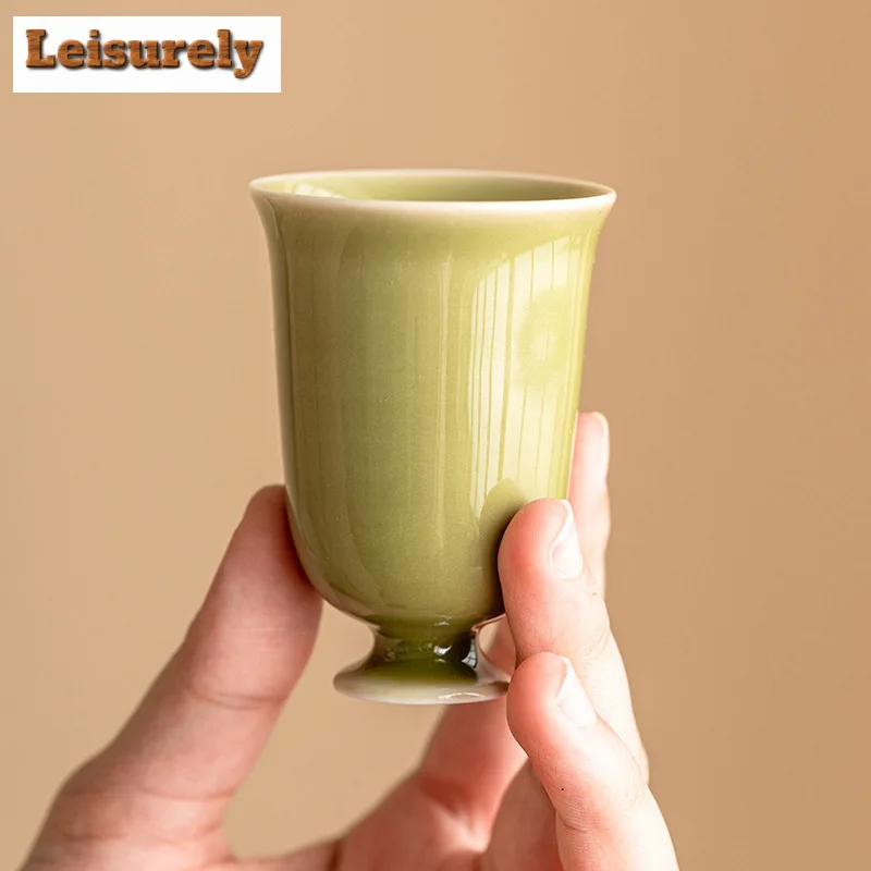 2pc/set Yaozhou Kiln Celadon Teacup Tea Dust Green High Foot Fragrant Cup Tea Tasting Single Mug Personal Master Cup Teaset 50ml