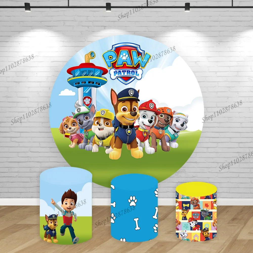 

Paw Patrol Round Background Cover Boy Chase Birthday Party Backdrop Baby Shower Cute Dogs Cylinder Event Elastic Decor Banner
