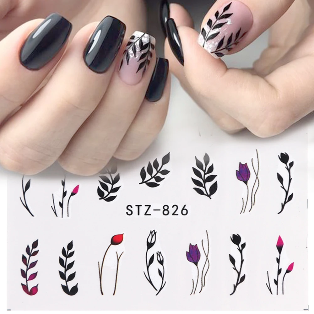 29pcs Simple Green Black Leaf Water Sticker Nail Polish Flower Flamingo Slider for Manicure Nail Art Decoration Wraps Set CH764