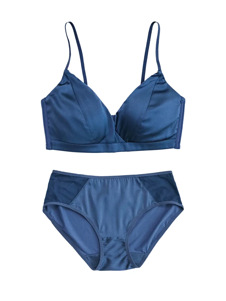 SuyaDream Women Silk Bra Set 92%Silk 8%Spandex Thin Mold Cup Wire Free Underwears 2022 Comfortable Intimates Blue Black