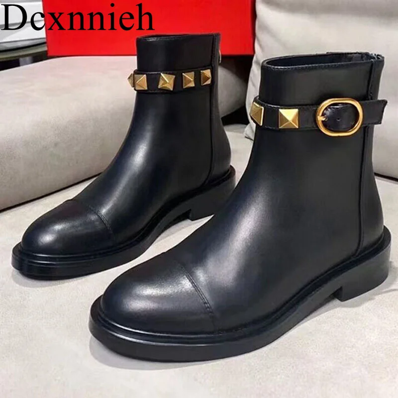 

New Spring Autumn Women's Versatile Anti Slip Short Boots Genuine Leather Ankle Boots Rivet Buckle Decoration Casual Cool Boots