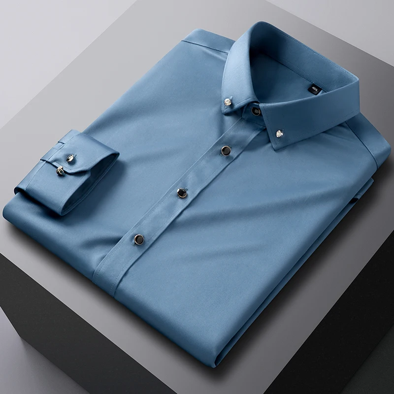 New in shirt Drill buckle long-sleeve shirts for men slim fit formal plain shirt elastic solid Party clothes elegant white tops